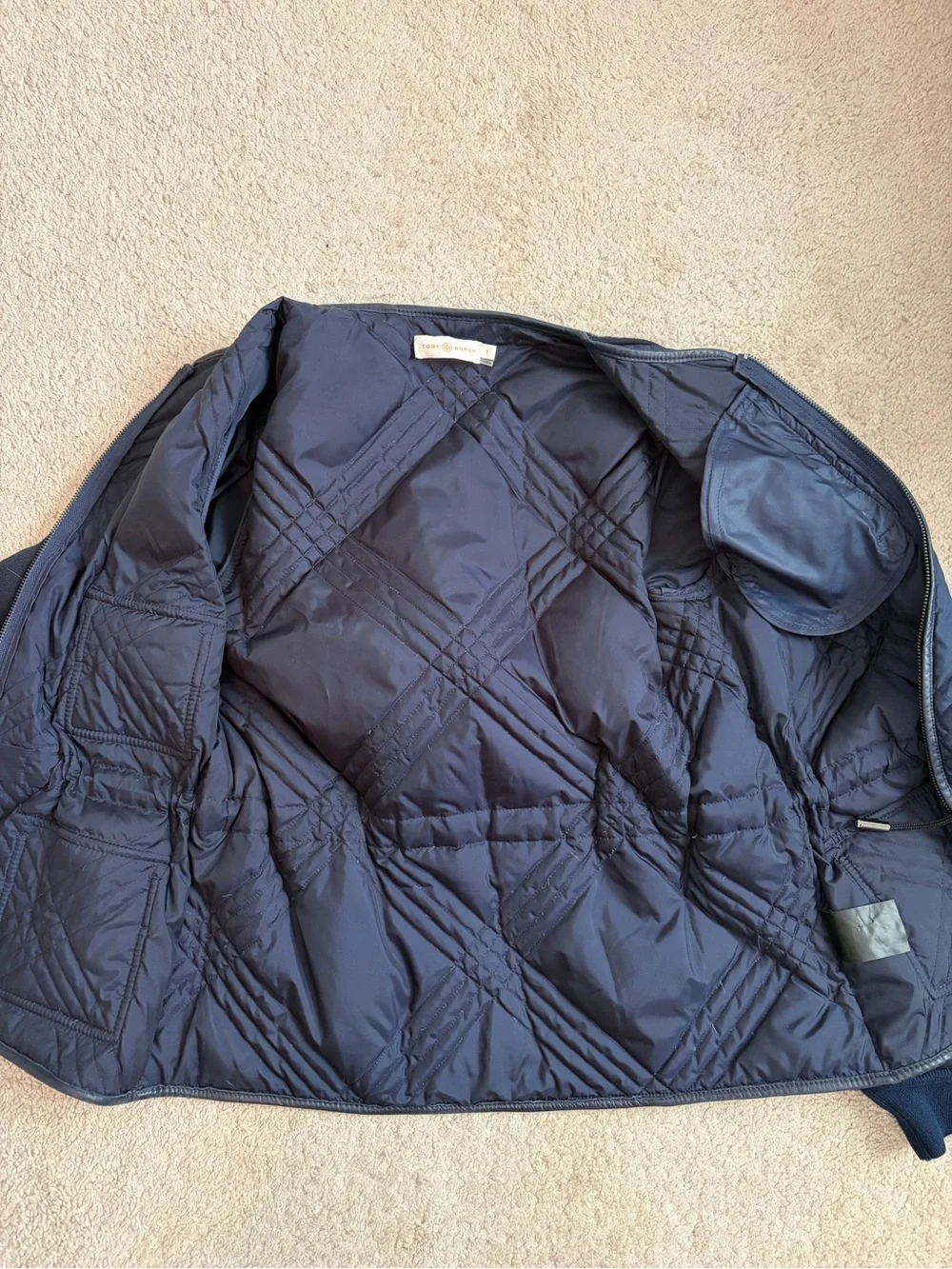 Tory Burch Hilary Quilted Tech Combo Bomber Jacket Navy Women's Size 0 Shaping
